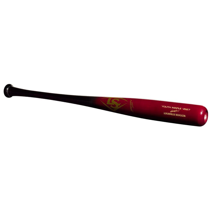 The Louisville Slugger Youth Prime VG27 Vladimir Guerrero Jr. Maple Wood Baseball Bat (WBL2702010) features a black handle, red barrel, and gold lettering with logo—perfect for young players seeking style and performance.
