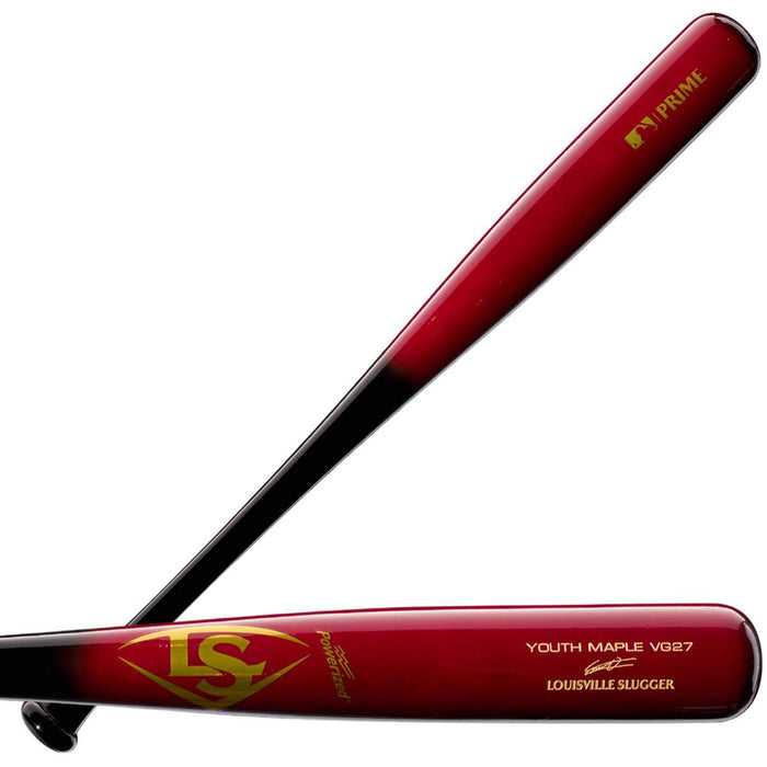 The Louisville Slugger Youth Prime VG27 Vladimir Guerrero Jr. Maple Wood Baseball Bat (WBL2702010) features the iconic Louisville Slugger logo.