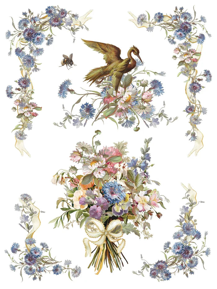 Decorative design with flowers, a bird, and a bow on a white background