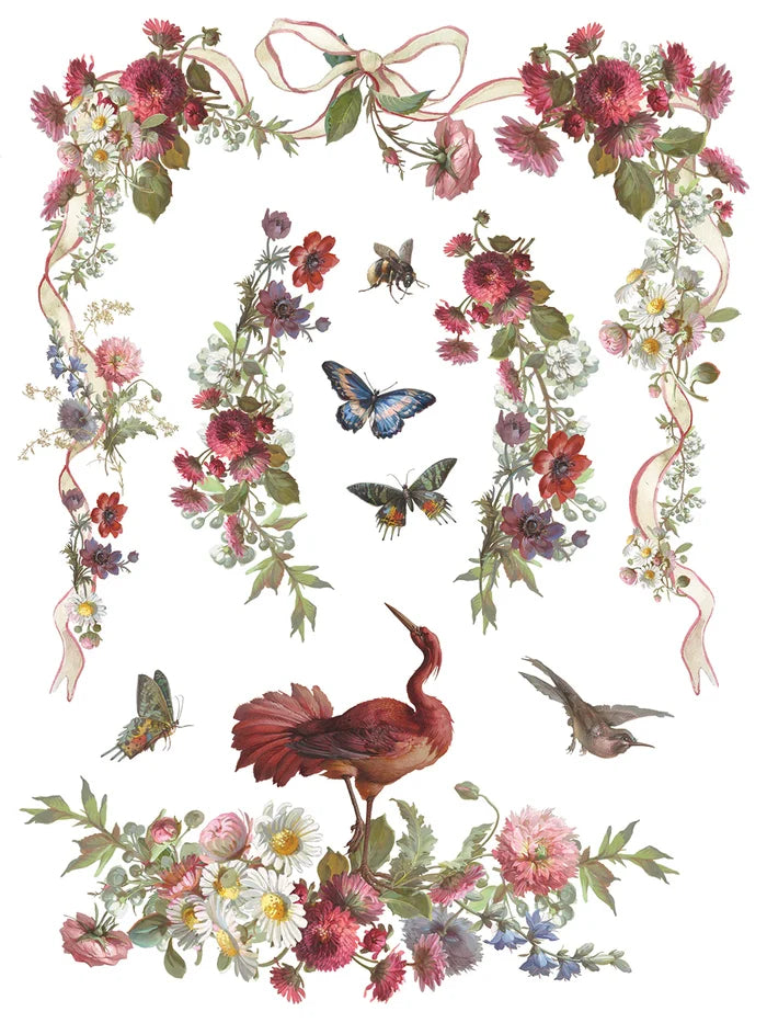 Decorative design with flowers, birds, and butterflies on a white background