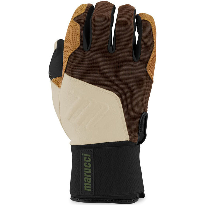 The Marucci Blacksmith Adult Batting Gloves (MBGBKSMFW) feature a durable brown, beige, and black design with a textured surface and the Marucci logo on the black wrist strap. The glove is shown with the palm facing away.