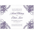 White paper save the date with purple baroque flowers on the corners. Centered purple script and block font.