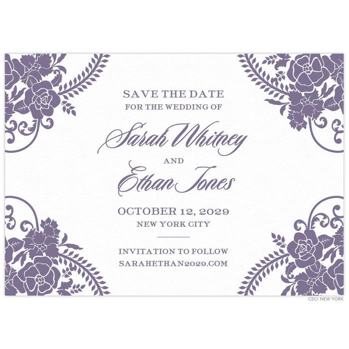 White paper save the date with purple baroque flowers on the corners. Centered purple script and block font.