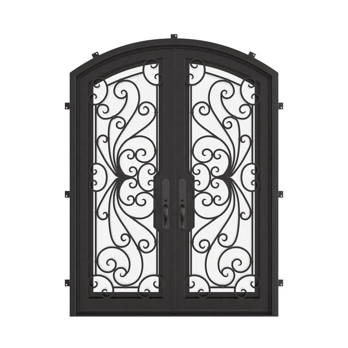 Miracle metal arch top door in black with glass and thermal break.