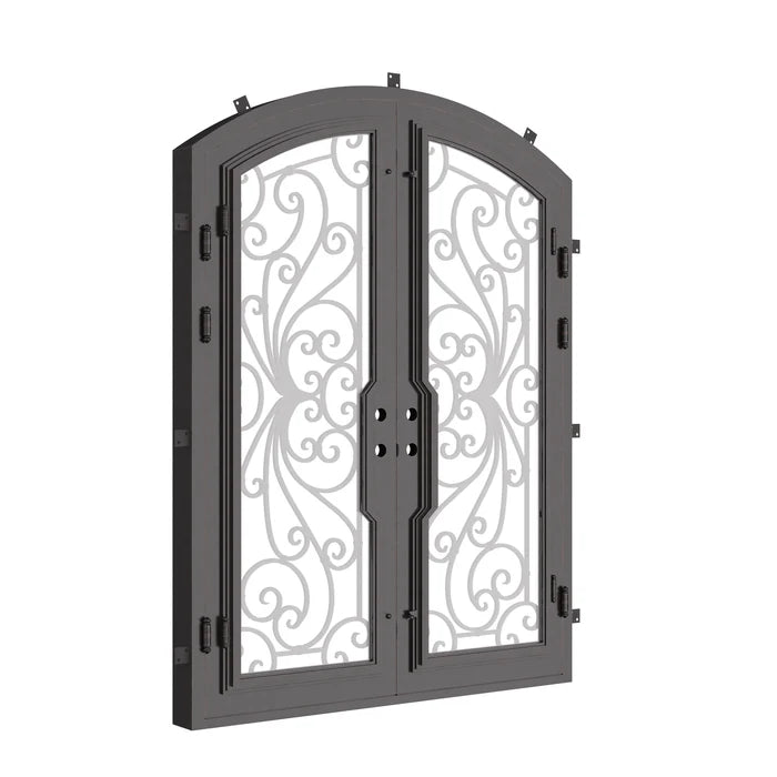 Miracle arch top metal entry door with thermal barrier and clear glass in bronze.