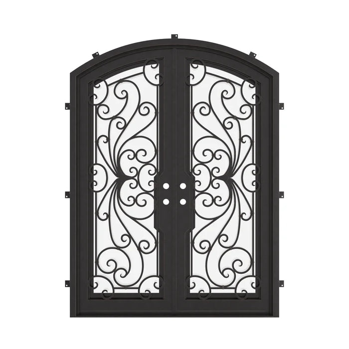 Miracle black colored arched top metal double entry door with glass and thermal break.