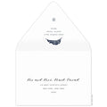 White envelope, san serif return address and modern palm leaf in navy on the back flap. Mailing address on the front of the envelope.