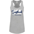 The DSG Apparel National Softball Association NSA Softball Script Racerback Tank Top is a light gray women's tank featuring USA Softball in bold white and navy script with a softball stitching graphic—perfect for NSA fans.