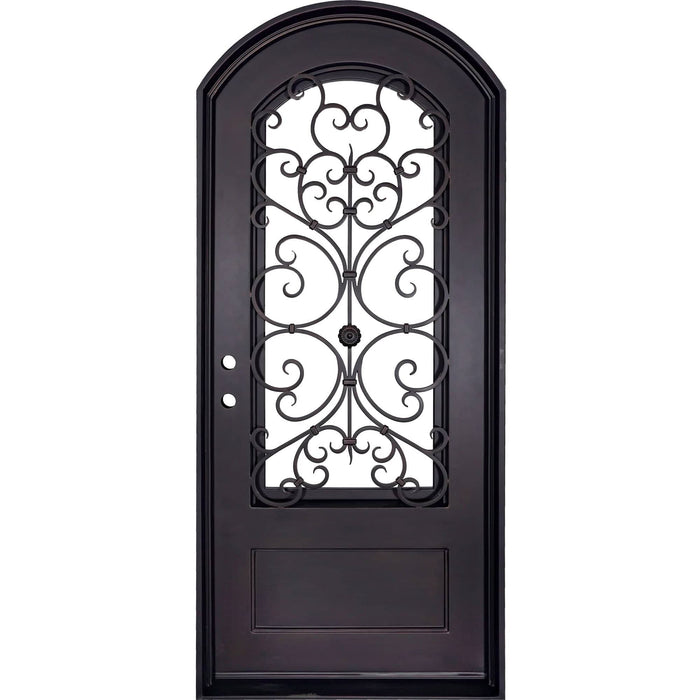 Night pre-hung black wrought iron arch top door with thick glass in bronze color.