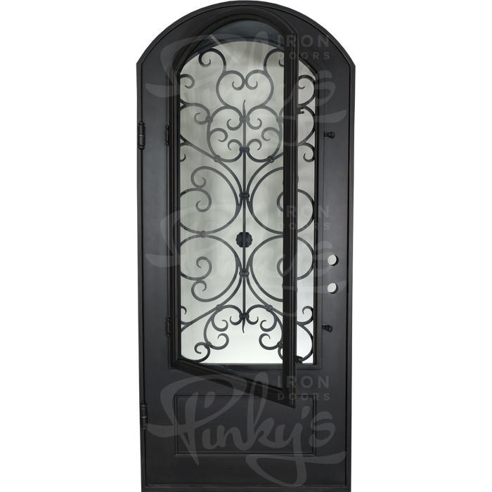 Night single eyebrow arch top front door with dual-pane glass and scrollwork in black.