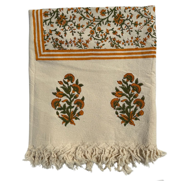 OCHRE & GREEN FLORAL LINEN TABLECLOTH WITH TASSELS