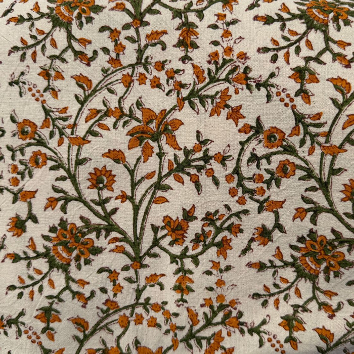 OCHRE & GREEN FLORAL LINEN TABLECLOTH WITH TASSELS