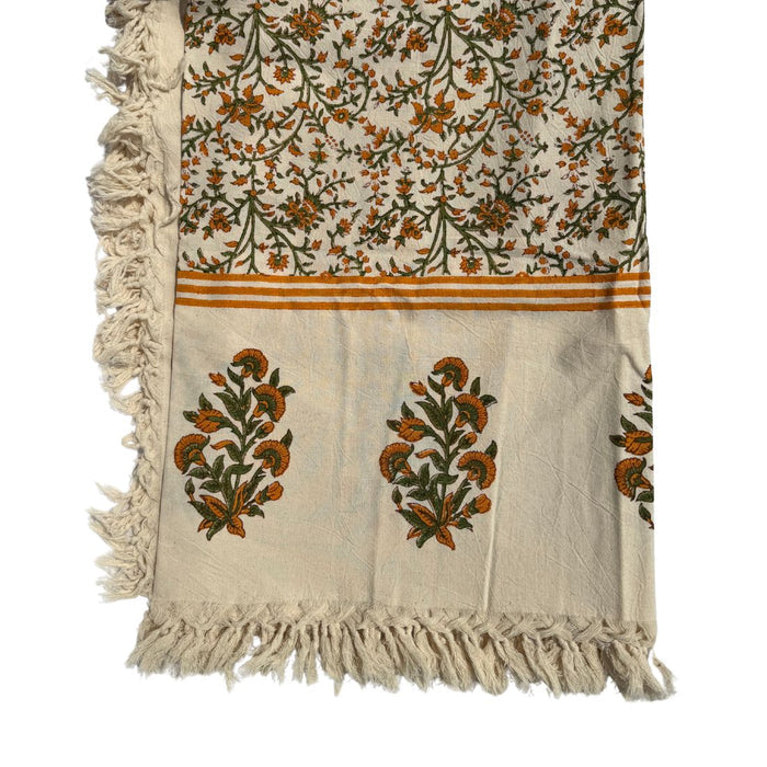 OCHRE & GREEN FLORAL LINEN TABLECLOTH WITH TASSELS