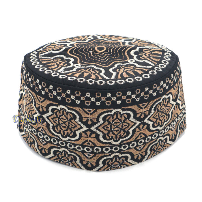 Omani Black Base with Silver Brown Flower Embroidery Kufi