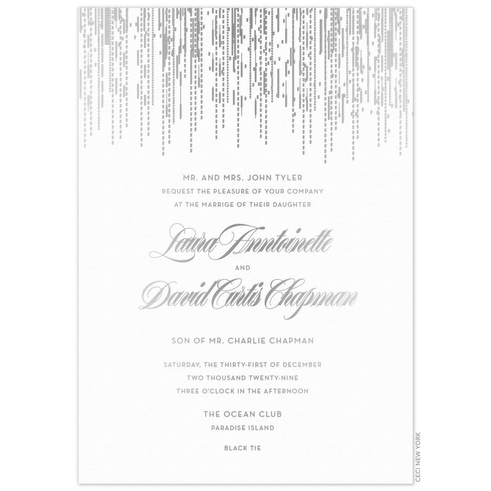 Patterned lines falling from the top of the card. Block and script text centered underneath the lines.
