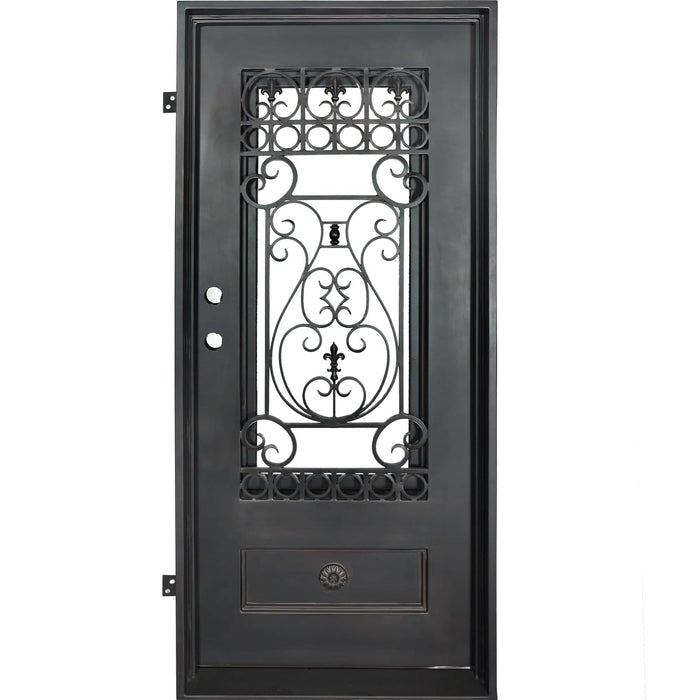 Parkside Single flat top door with operable glass panel and ornate metalwork.