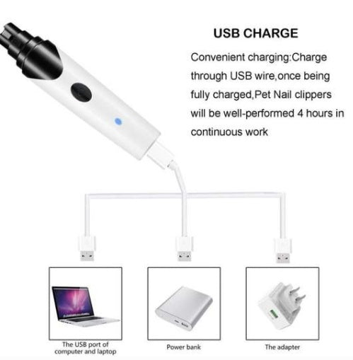 Electric Pet Nail Grinder features showing low noise motor and USB charging