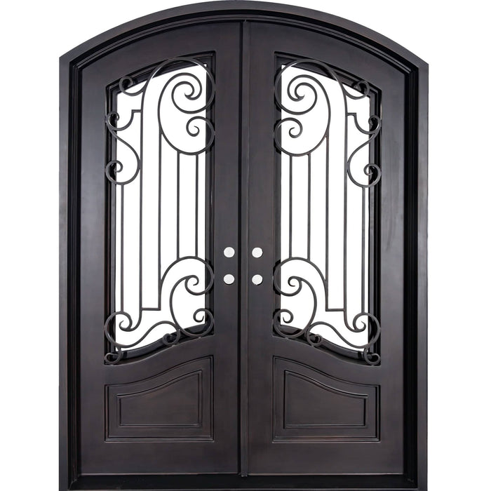 Piano bronze colored metal arched top door with thermal break and glass.