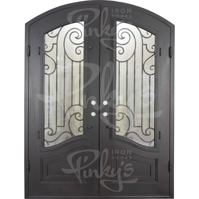 Piano arch top entry door with thermal barrier and glass in black.