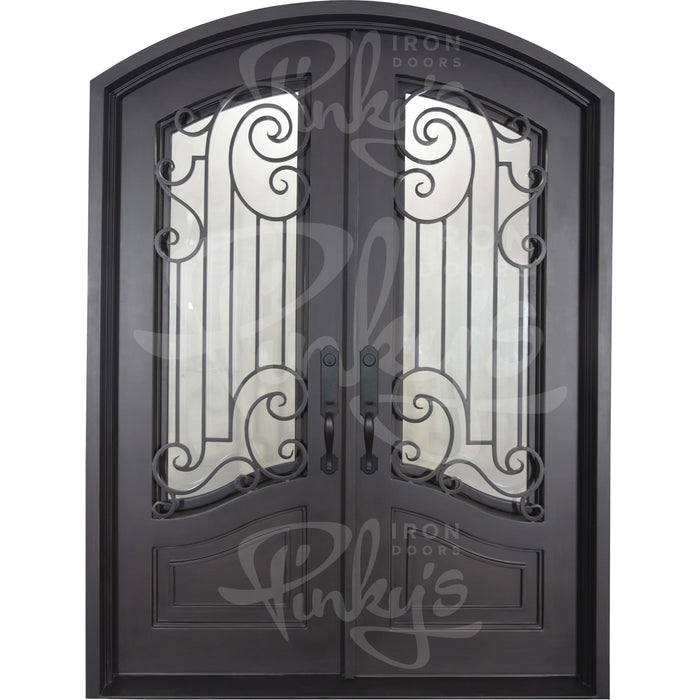 Piano metal arched top entry door with glass and thermal break in bronze.