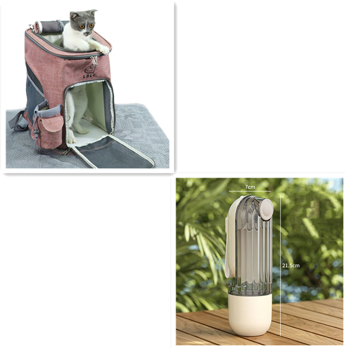 A landscape view of the Green and Beige Portable Dog Water Bottle options ready for travel