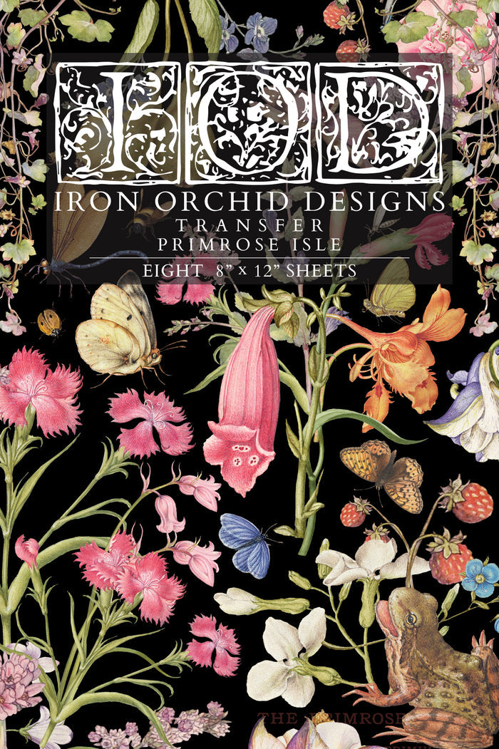 Iron Orchid Designs transfer paper packaging with floral and butterfly design on a black background