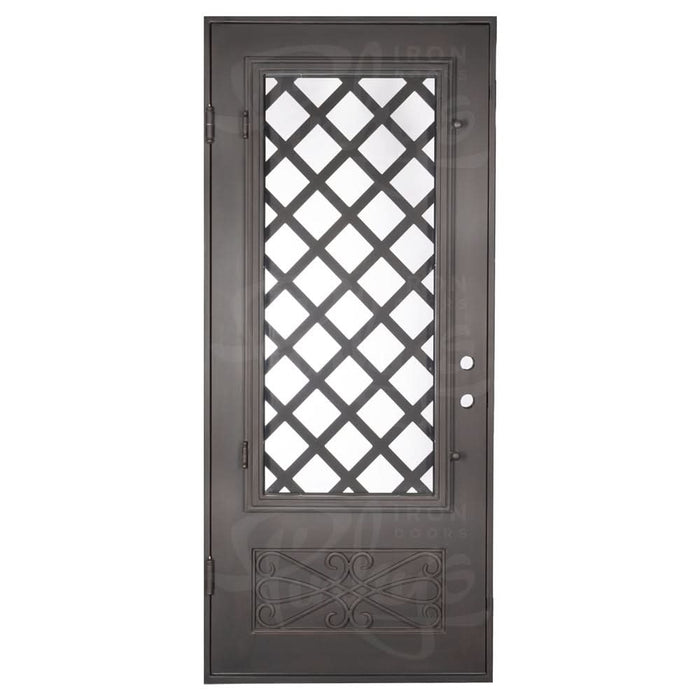 Queensway thermally broken single flat exterior door with hand forged scrollwork.