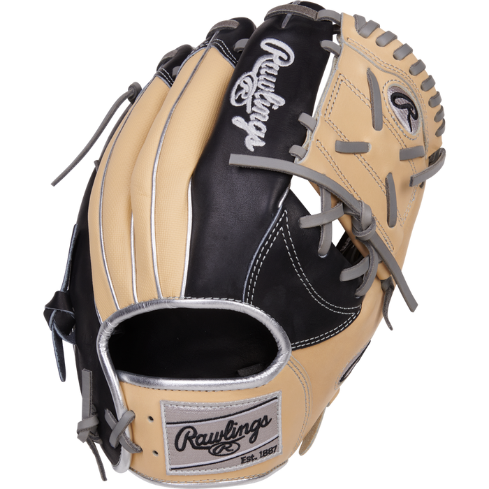 The Rawlings Heart of the Hide 11.5" Baseball Glove (PRONP4-8BCSS) features a beige and black design with gray laces, Rawlings logos on the wrist strap and back, and is crafted from premium HOH steer-hide leather.