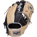 The Rawlings Heart of the Hide 11.5" Baseball Glove (PRONP4-8BCSS) features a beige and black design with gray laces, Rawlings logos on the wrist strap and back, and is crafted from premium HOH steer-hide leather.