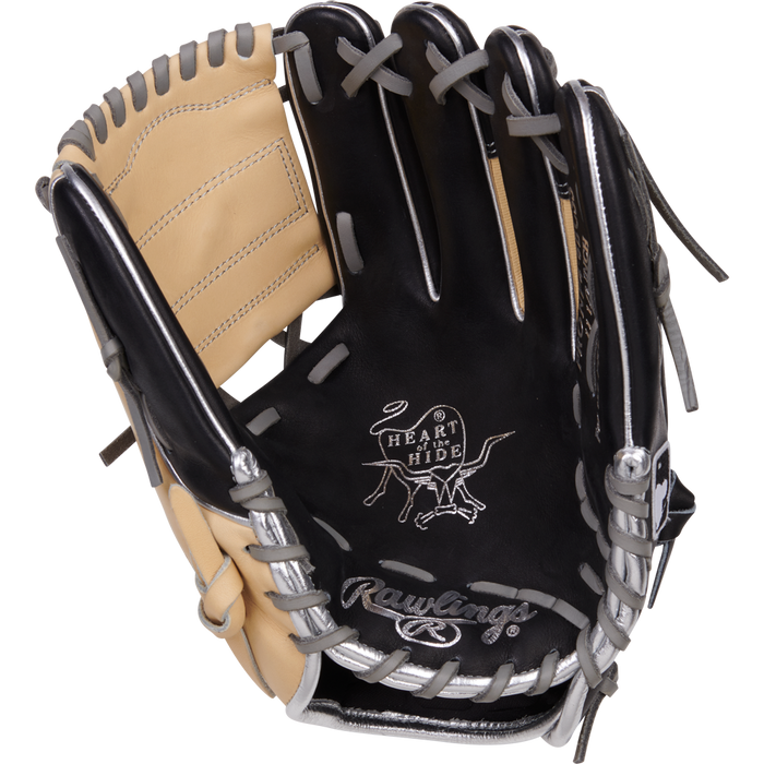 The Rawlings Heart of the Hide 11.5" Baseball Glove (PRONP4-8BCSS) features premium HOH steer-hide leather in black and tan with gray laces, white palm branding, and detailed interior stitching in its open infield design.