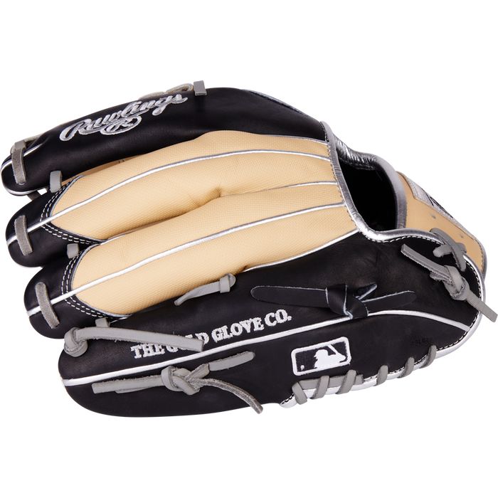 The Rawlings Heart of the Hide 11.5" Baseball Glove (PRONP4-8BCSS) features black and tan HOH steer-hide leather with gray laces, THE GOLD GLOVE CO. and MLB logos on the side, and a closed infield design shown from the side.