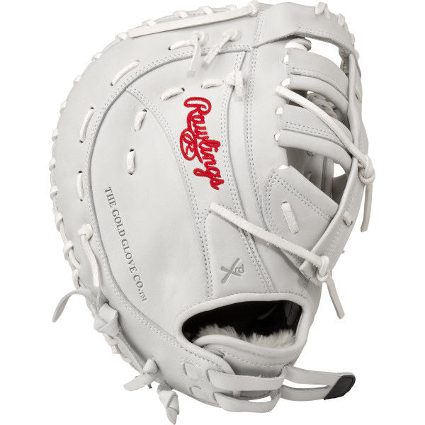 A Rawlings Liberty Advanced 13" Fastpitch First Base Mitt (RLAFB) in white with red stitching, branding, edge laces, webbing, and "THE GOLD GLOVE CO." printed on the side.