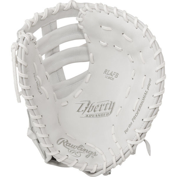 The Rawlings Liberty Advanced 13" Fastpitch First Base Mitt (RLAFB) is a white glove with white laces, designed for professional fastpitch players.