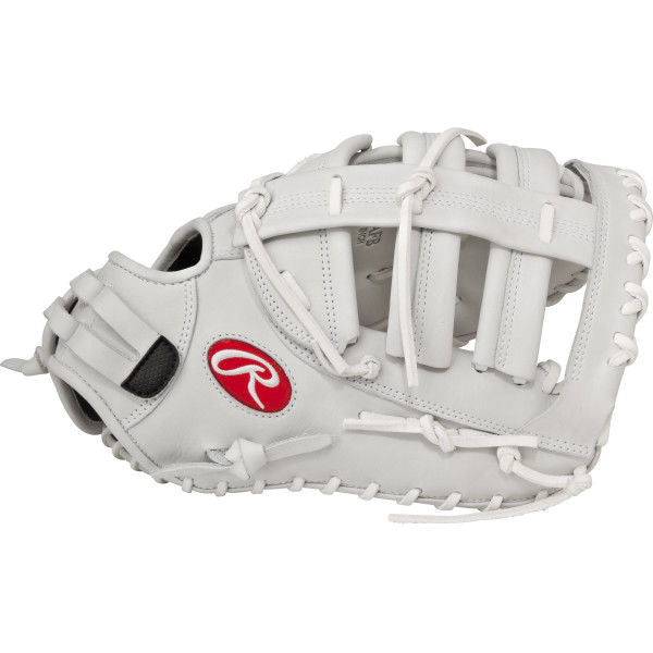 A Rawlings Liberty Advanced 13" Fastpitch First Base Mitt (RLAFB), featuring white leather, white laces, and a red Rawlings logo patch on the side, is displayed against a plain white background.