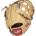 The Rawlings Select Pro Lite 11.5" Kris Bryant Baseball Glove (SPL115KB) features brown laces, blue and red Rawlings logos, The Gold Glove Co. stamped on the thumb, an open web design, and a red patch—perfect for youth players.