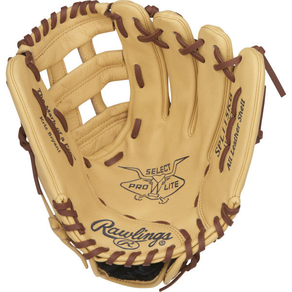 The Rawlings Select Pro Lite 11.5" Kris Bryant Baseball Glove (SPL115KB) features a tan design with brown lacing, SELECT PRO LITE and All Leather Shell markings—perfect for young players wanting a glove like Kris Bryant's.