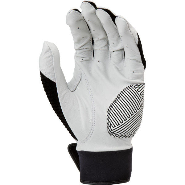 The Rawlings Workhorse Youth Batting Glove (WH950BGY) is shown in white and black with a textured palm grip, palm facing forward and fingers slightly curled.