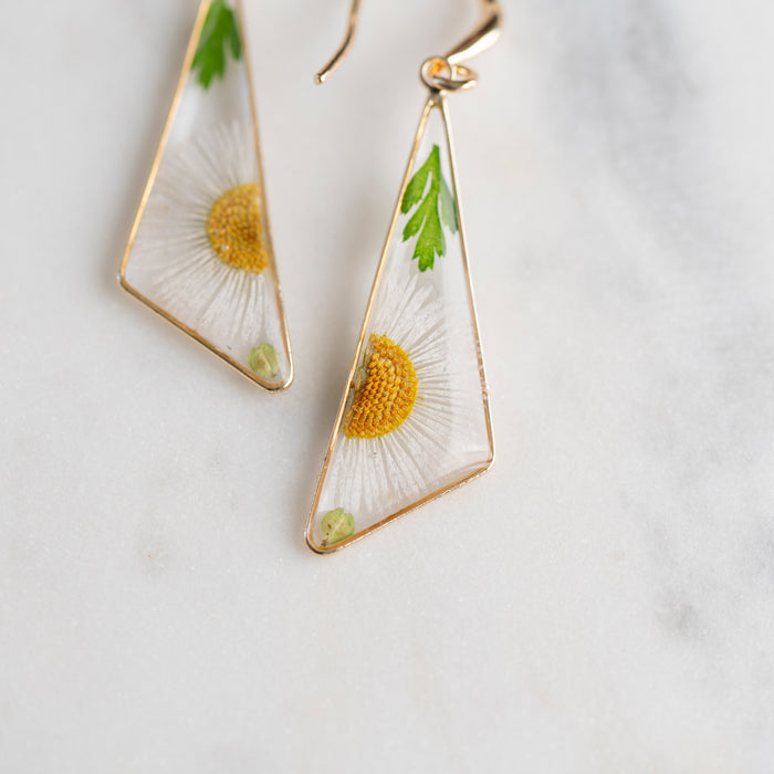 White Fleabane Flower Dangle Earrings With Gold Trim at Golden Rule Gallery