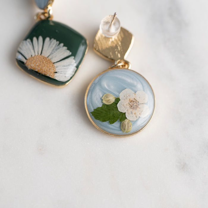 Sky Blue and Dark Green Floral Gold Dangle Earrings Available at Golden Rule Gallery