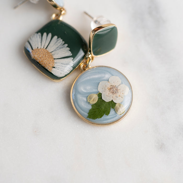 Handmade Real Floral Gold Dangle Earrings in Baby Blue and Dark Green