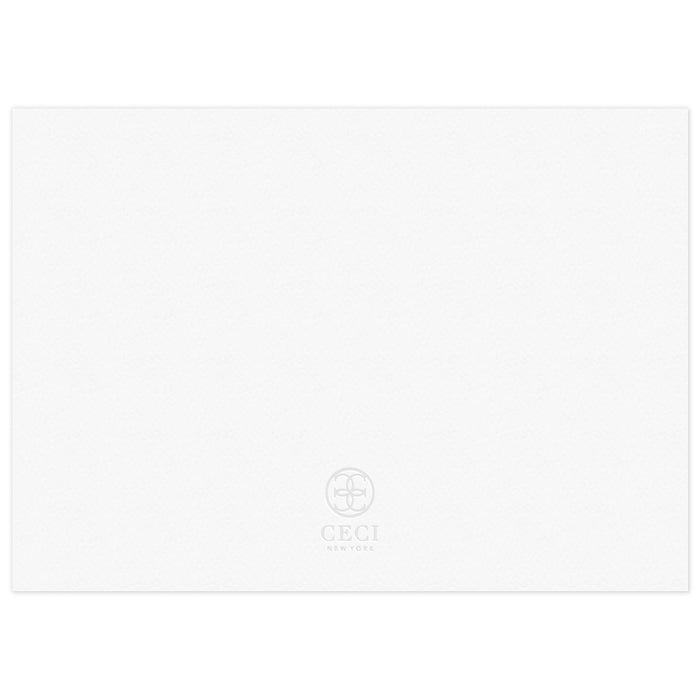 White blank back of a save the date with a gray Ceci New York circle logo at the bottom.
