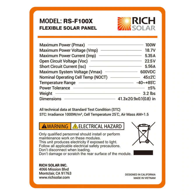 Mega 100 Watt Flexible Solar Panel - Specifications