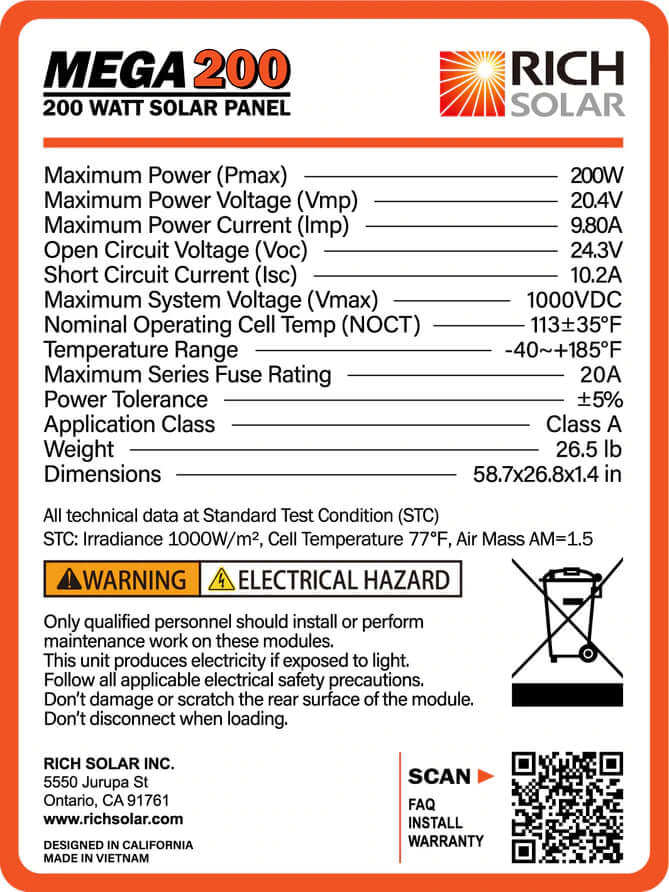 Mega 200 Watt 12 Volt Solar Panel - Specifications