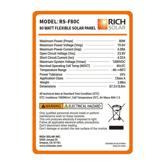 Mega 80 Watt CIGS Flexible Solar Panel - Specifications