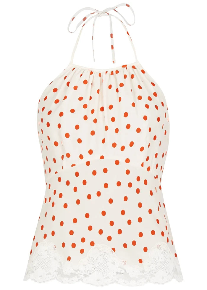 Rixo London Vienna White Open Back Halterneck Lace Trim Red Spotted Top - House Of Huntington