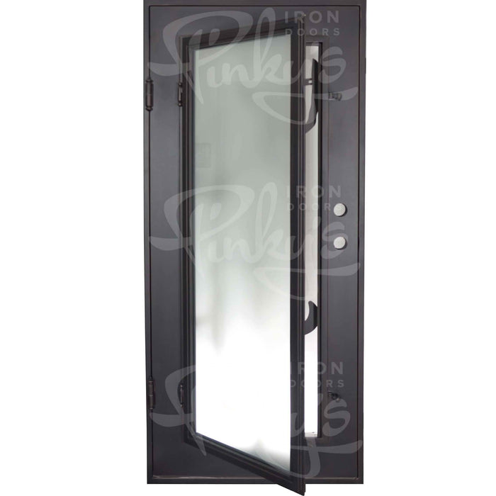 Roadtrip square top hinged door with thermal break in bronze color.