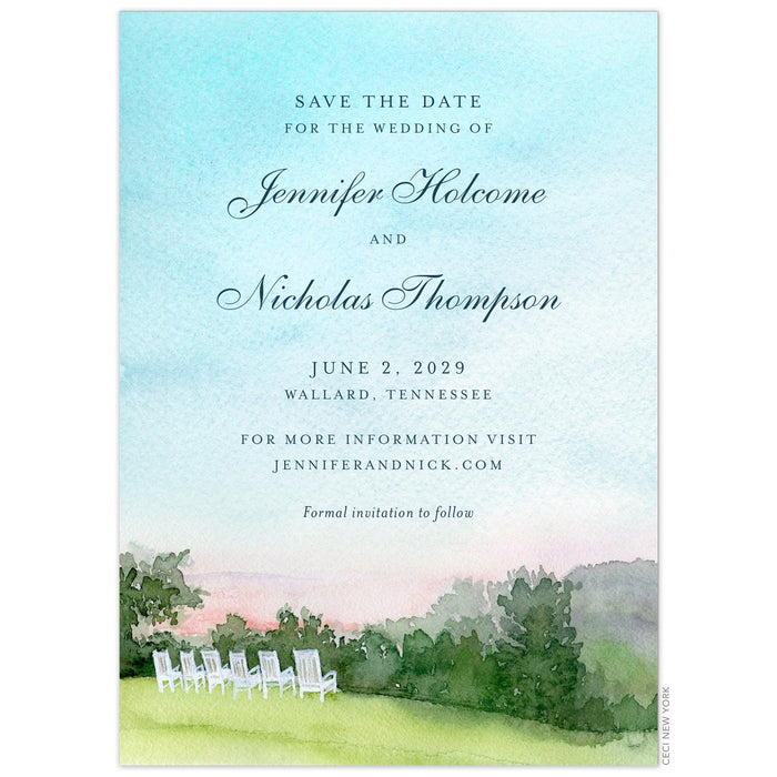 Watercolor, sky, hill and bush scene with six white country chairs. Navy block and script font centered on the card.