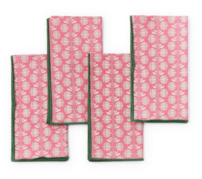 SET OF 4 PINK PALM NAPKINS, GREEN BORDER