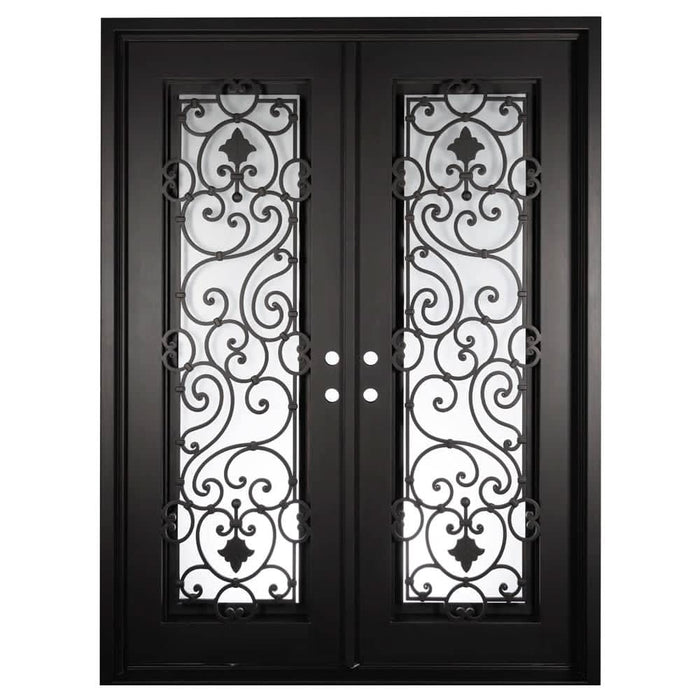 Shavo black iron double french door with thick glass and flat top.