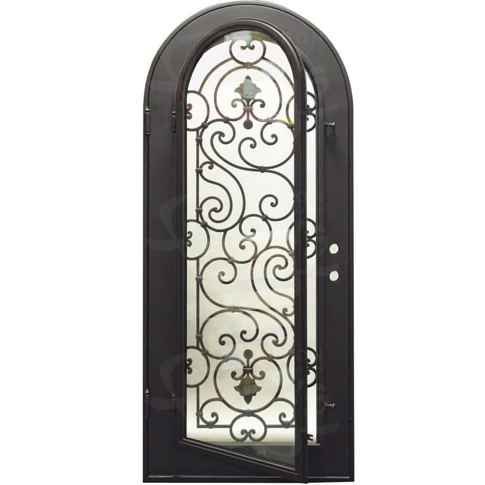 Shavo single round top entry door with decorative metalwork and dual-pane tempered glass.